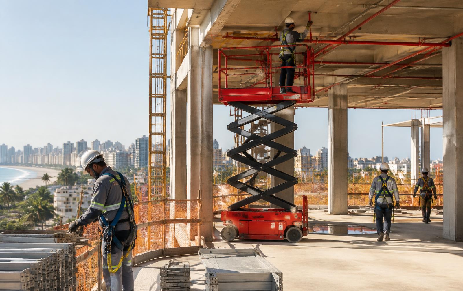 Plataforma elevatória em operação em canteiro de obras